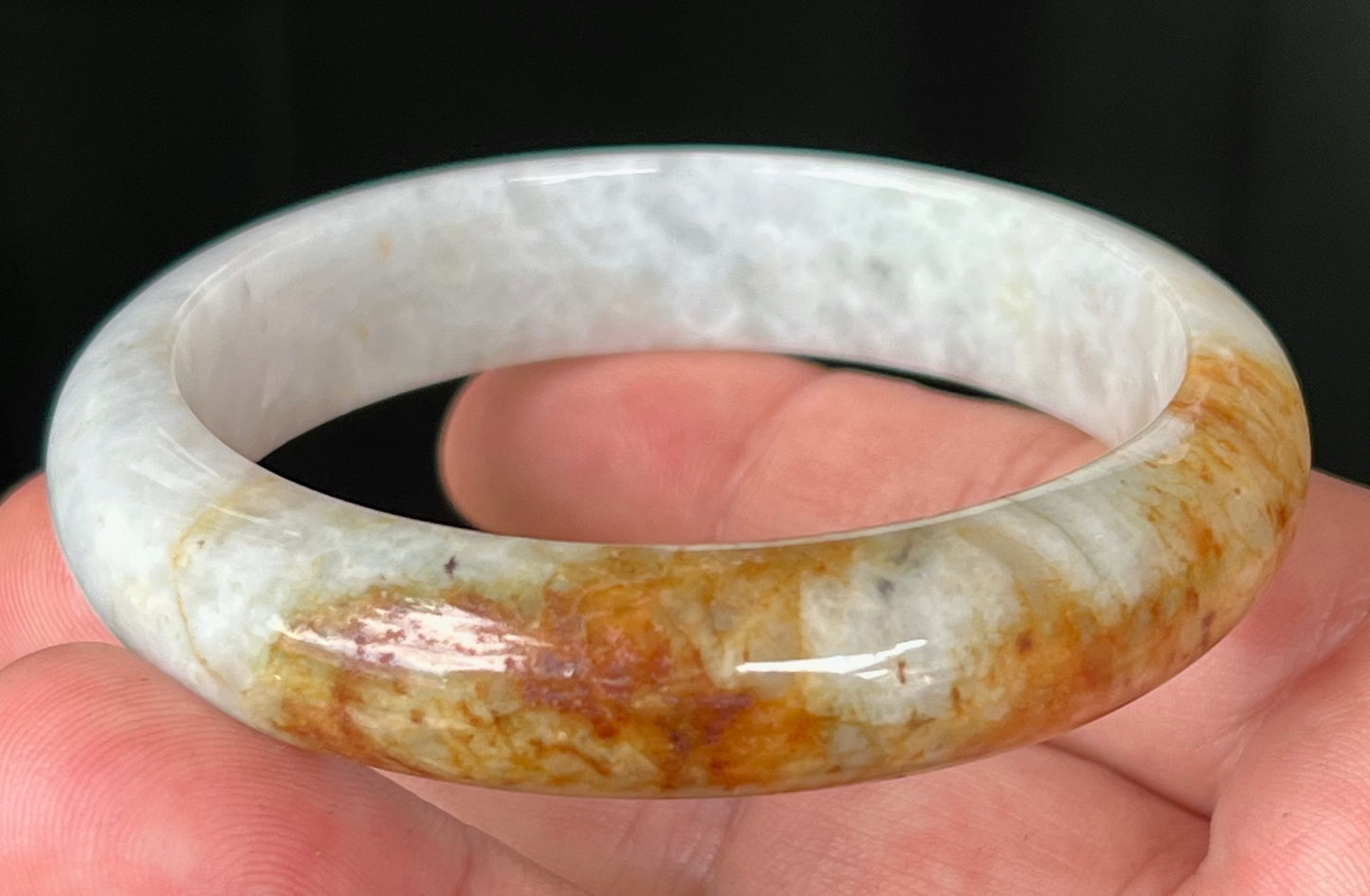 Natural Certified Burmese Jadeite Jade Bangle – Icy Greyish Milky White with Orange Red and Honey Hues – 58.4mm – JB531