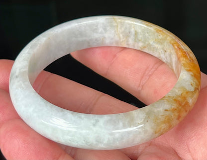 Natural Certified Burmese Jadeite Jade Bangle – Icy Greyish Milky White with Orange Red and Honey Hues – 58.4mm – JB531