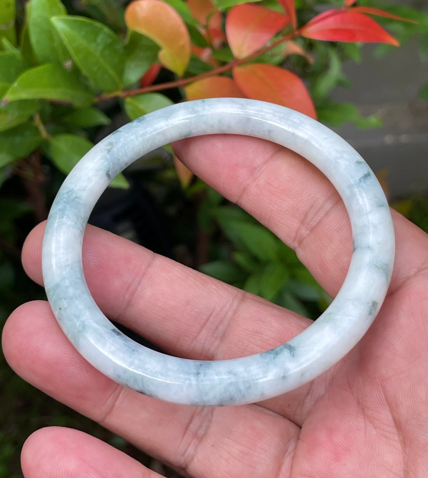 Natural Burmese Jadeite Jade Bangle – Icy Milky White with Imperial Green & Bluish Hues – Princess Cut – 58.7mm – JB957