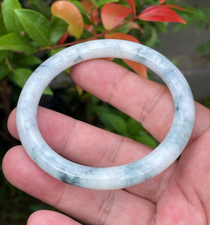 Natural Burmese Jadeite Jade Bangle – Icy Milky White with Imperial Green & Bluish Hues – Princess Cut – 58.7mm – JB957