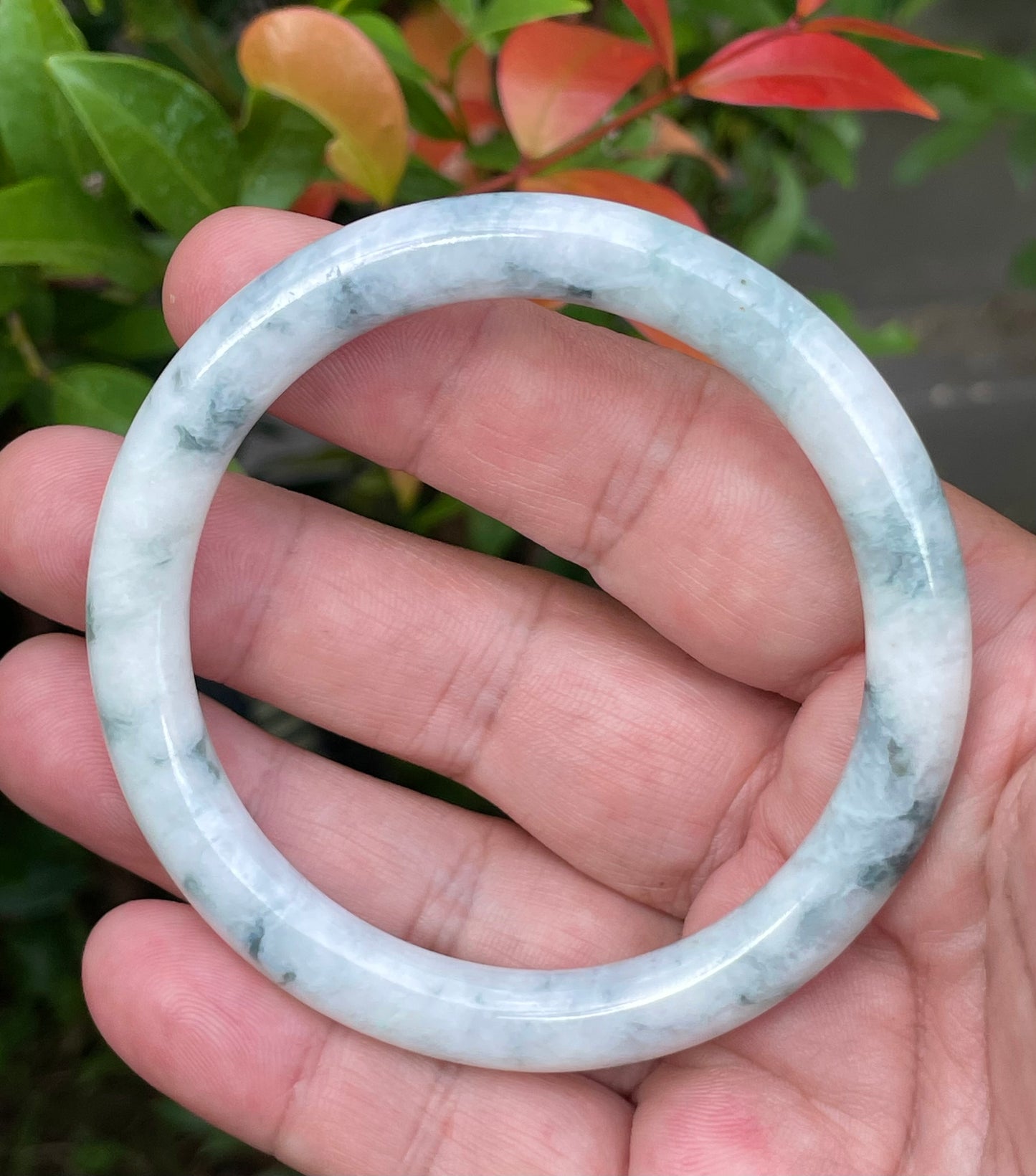 Natural Burmese Jadeite Jade Bangle – Icy Milky White with Imperial Green & Bluish Hues – Princess Cut – 58.7mm – JB957