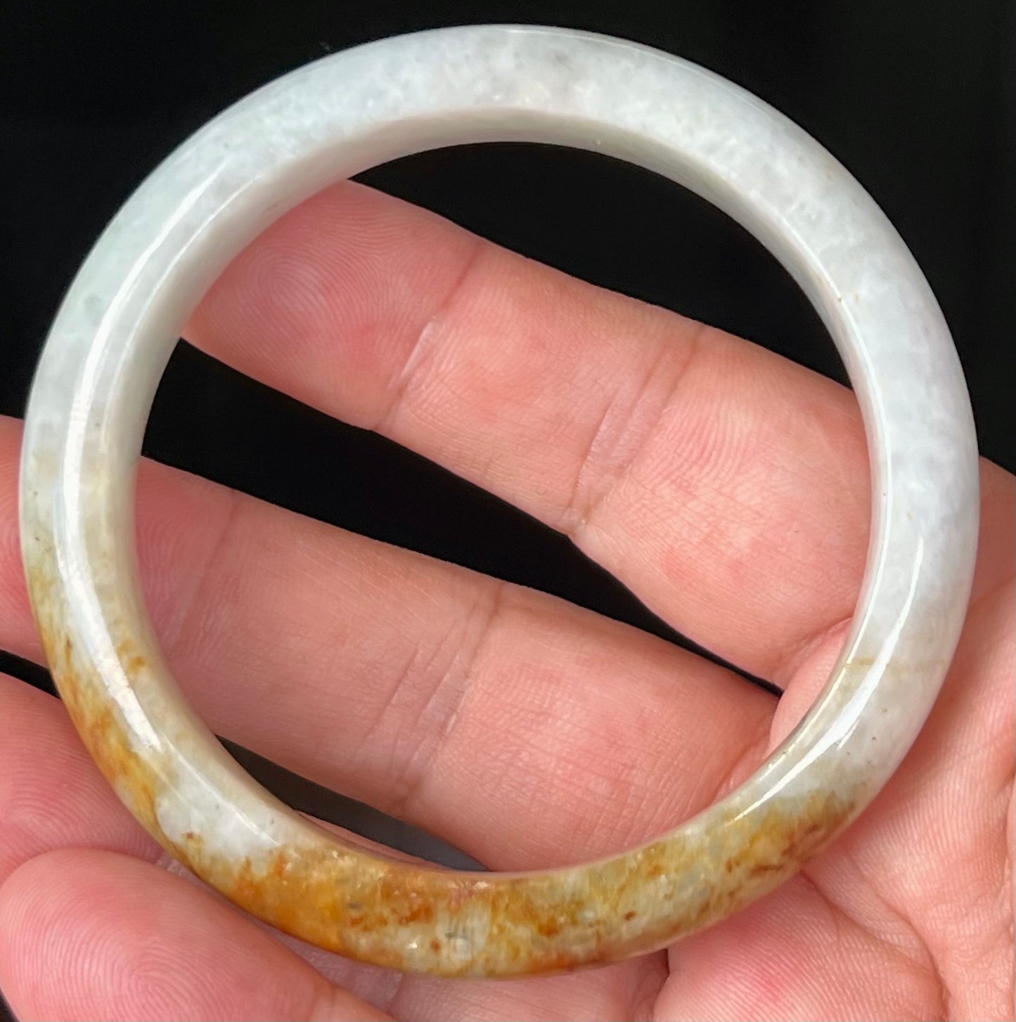 Natural Certified Burmese Jadeite Jade Bangle – Icy Greyish Milky White with Orange Red and Honey Hues – 58.4mm – JB531