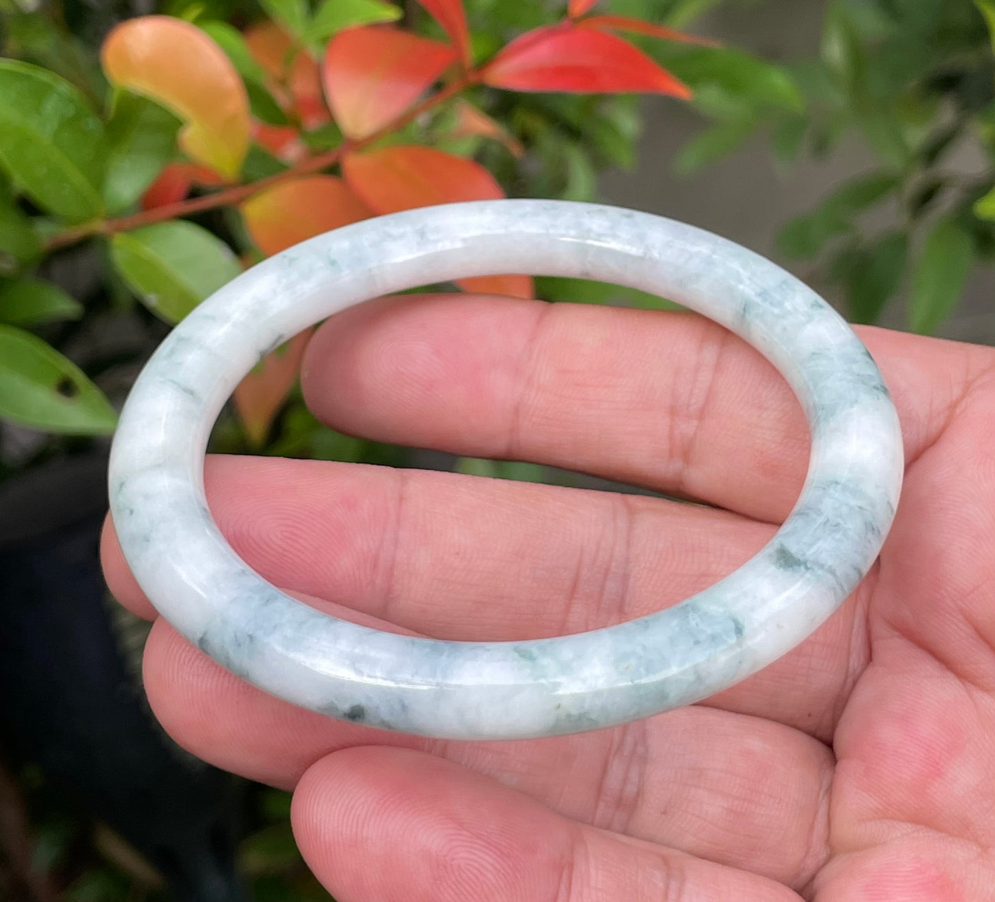 Natural Burmese Jadeite Jade Bangle – Icy Milky White with Imperial Green & Bluish Hues – Princess Cut – 58.7mm – JB957