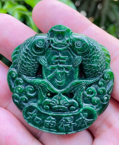 Natural Certified Rare Burmese Jadeite Jade Pendant – Deep Imperial Green – Hand-Carved Twin Fish Motif – JP065