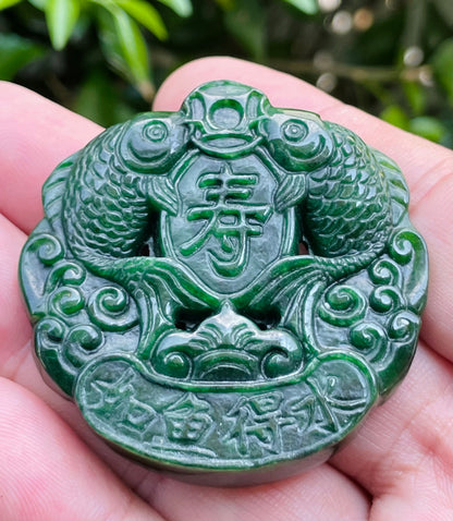 Natural Certified Rare Burmese Jadeite Jade Pendant – Deep Imperial Green – Hand-Carved Twin Fish Motif – JP065