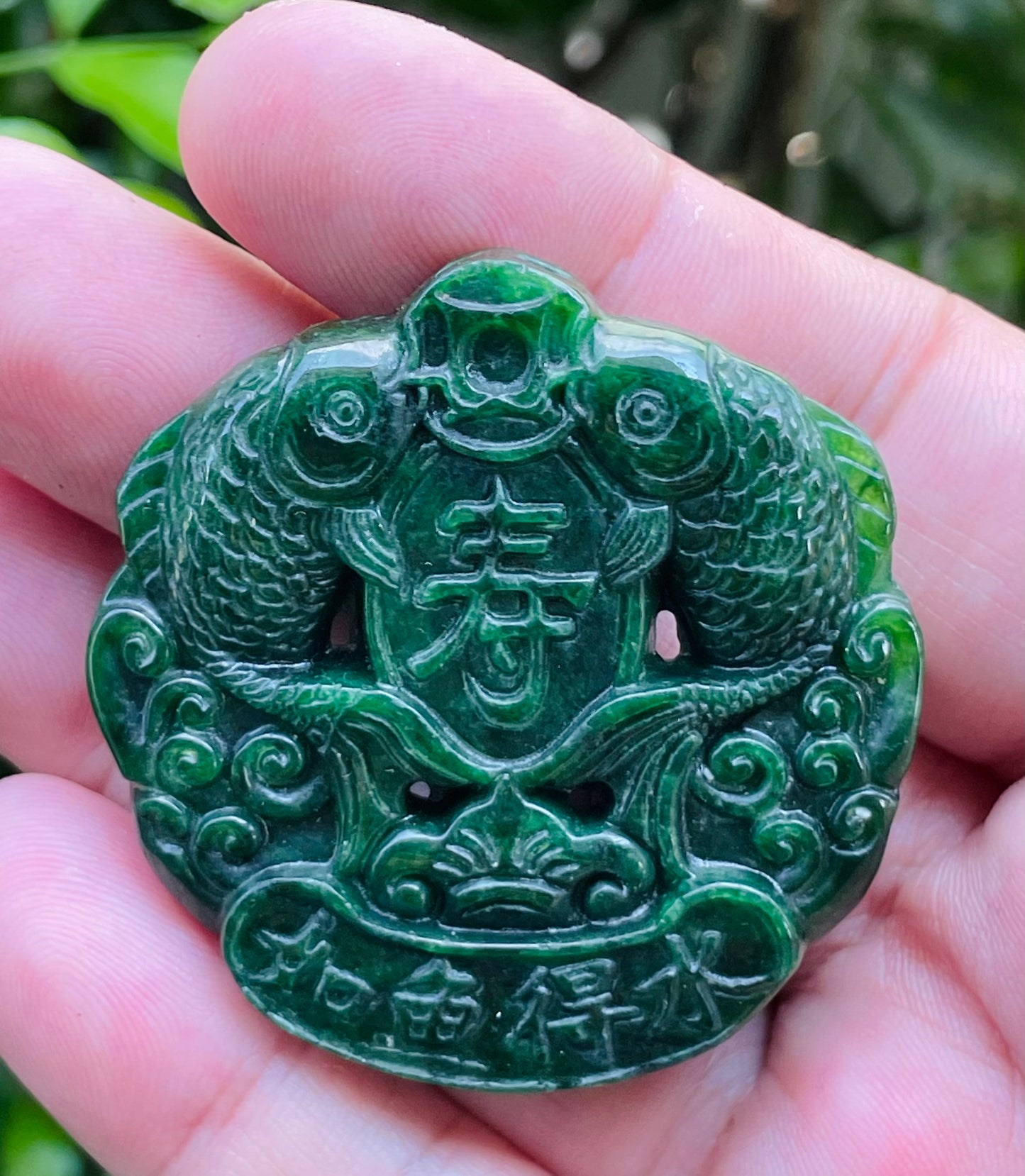 Natural Certified Rare Burmese Jadeite Jade Pendant – Deep Imperial Green – Hand-Carved Twin Fish Motif – JP065