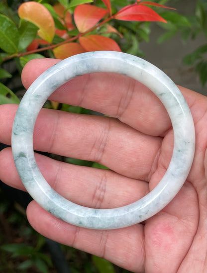 Natural Burmese Jadeite Jade Bangle – Icy Milky White with Imperial Green & Bluish Hues – Princess Cut – 58.7mm – JB957