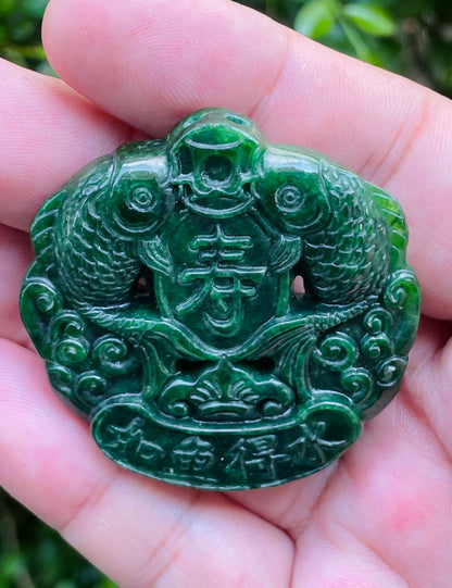 Natural Certified Rare Burmese Jadeite Jade Pendant – Deep Imperial Green – Hand-Carved Twin Fish Motif – JP065