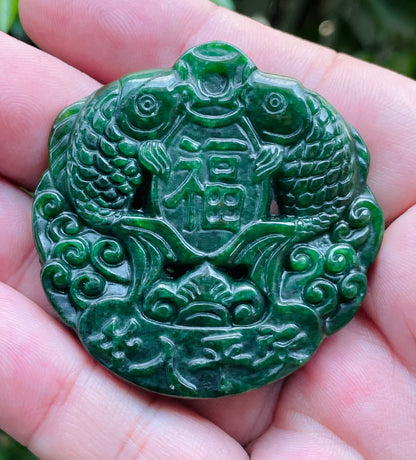 Natural Certified Rare Burmese Jadeite Jade Pendant – Deep Imperial Green – Hand-Carved Twin Fish Motif – JP065