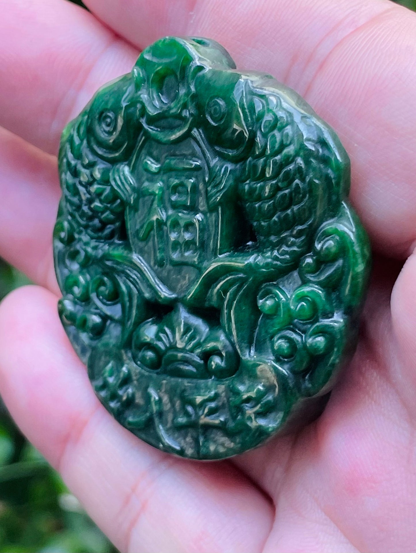 Natural Certified Rare Burmese Jadeite Jade Pendant – Deep Imperial Green – Hand-Carved Twin Fish Motif – JP065