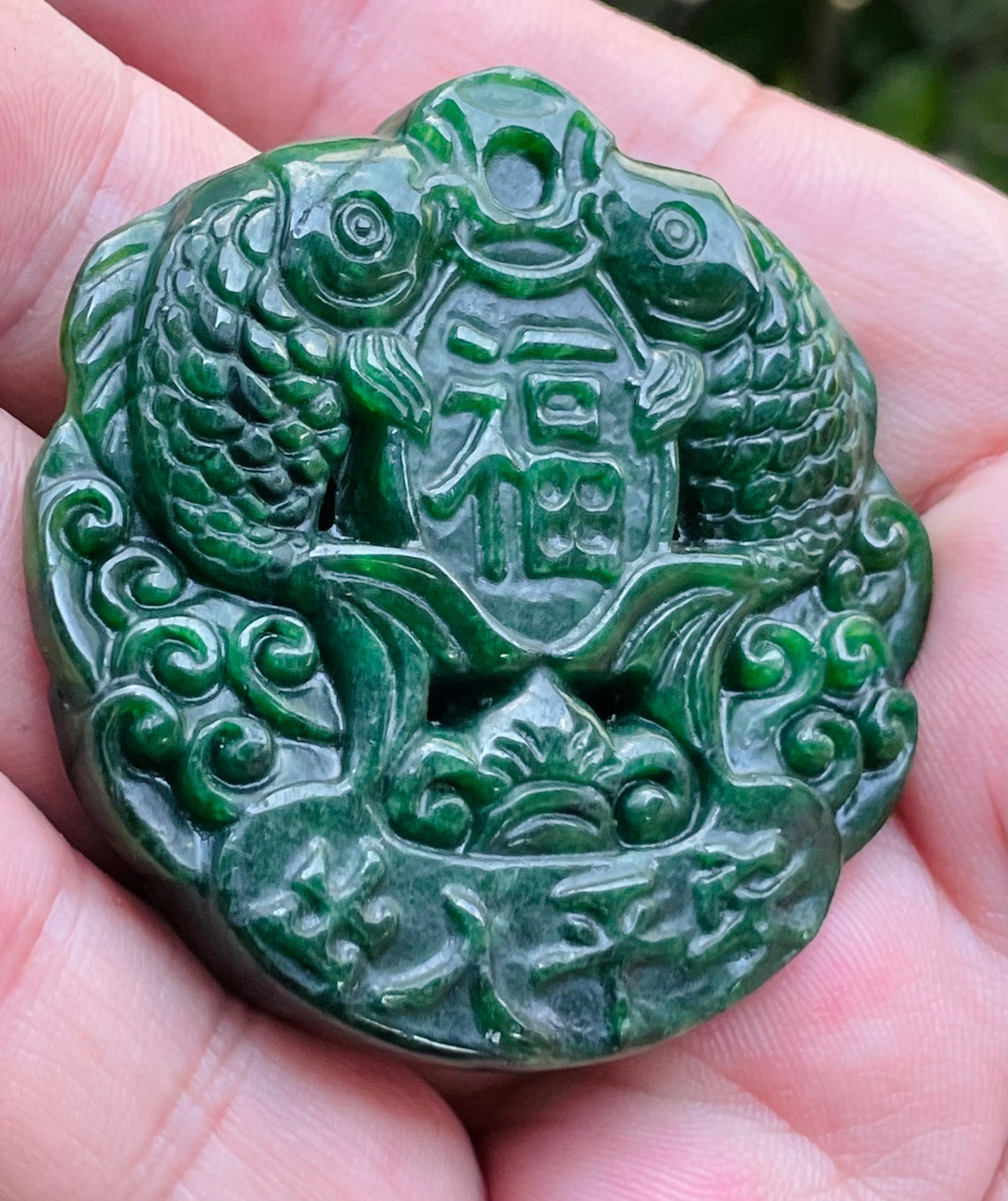 Natural Certified Rare Burmese Jadeite Jade Pendant – Deep Imperial Green – Hand-Carved Twin Fish Motif – JP065