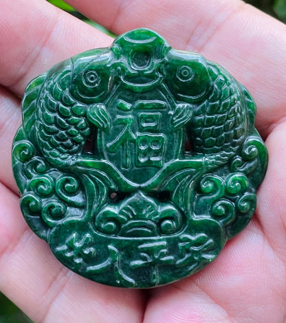 Natural Certified Rare Burmese Jadeite Jade Pendant – Deep Imperial Green – Hand-Carved Twin Fish Motif – JP065
