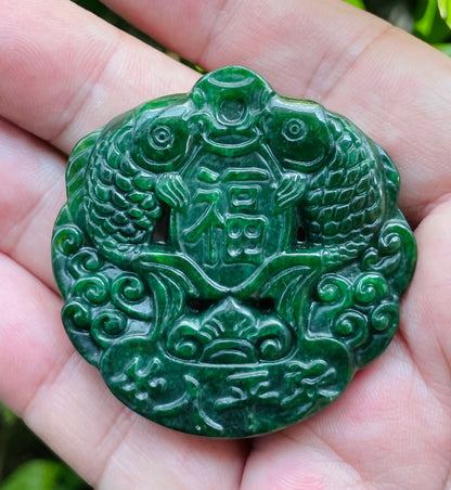 Natural Certified Rare Burmese Jadeite Jade Pendant – Deep Imperial Green – Hand-Carved Twin Fish Motif – JP065