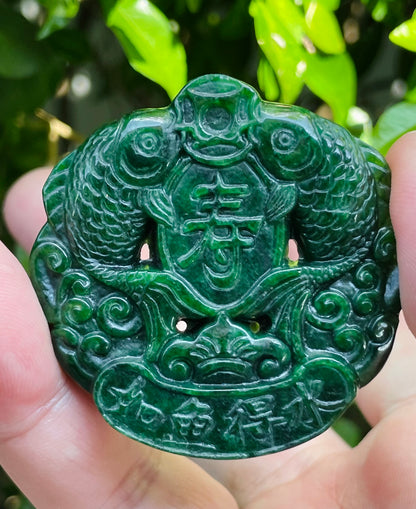 Natural Certified Rare Burmese Jadeite Jade Pendant – Deep Imperial Green – Hand-Carved Twin Fish Motif – JP065