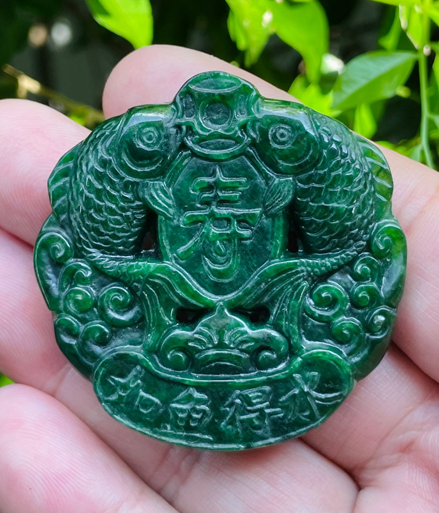 Natural Certified Rare Burmese Jadeite Jade Pendant – Deep Imperial Green – Hand-Carved Twin Fish Motif – JP065