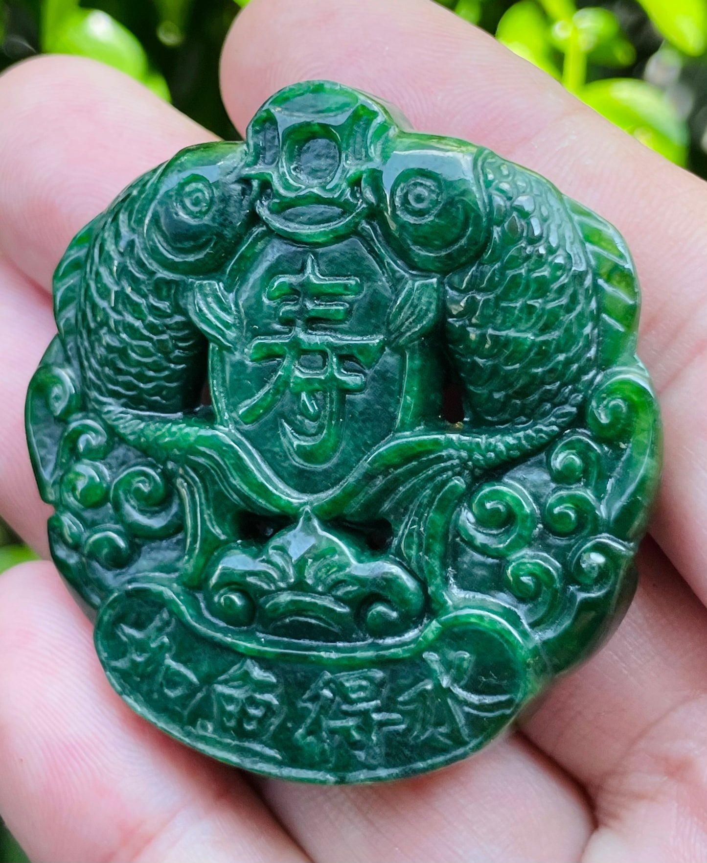 Natural Certified Rare Burmese Jadeite Jade Pendant – Deep Imperial Green – Hand-Carved Twin Fish Motif – JP065