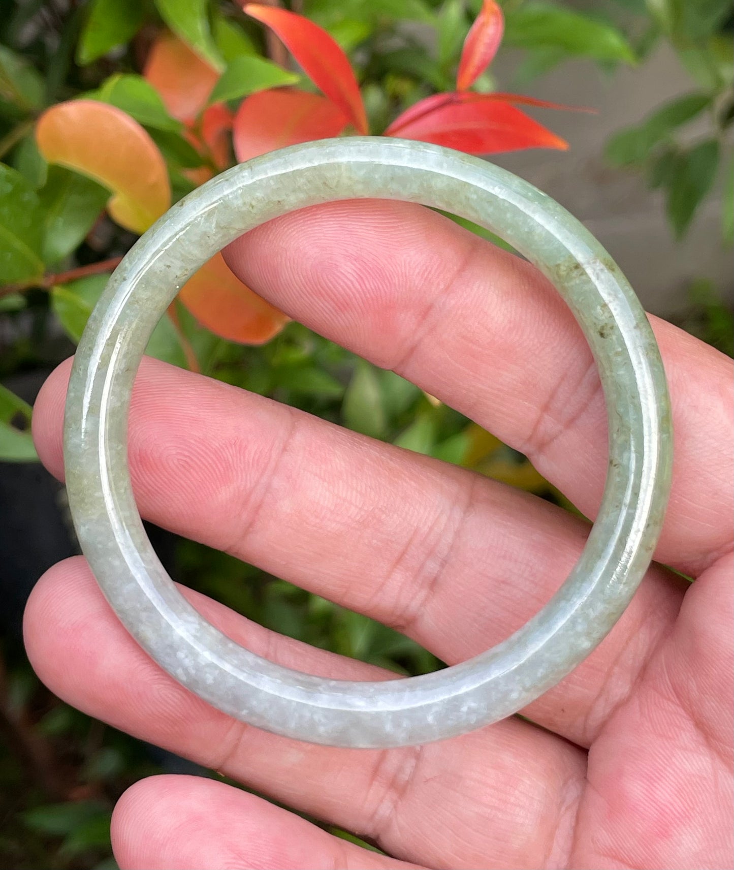 Natural Burmese Jadeite Jade Bangle – Icy Milky White & Greenish Milky White – Princess Cut – 53.1mm – JB754