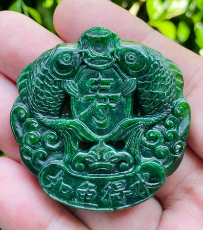 Natural Certified Rare Burmese Jadeite Jade Pendant – Deep Imperial Green – Hand-Carved Twin Fish Motif – JP065
