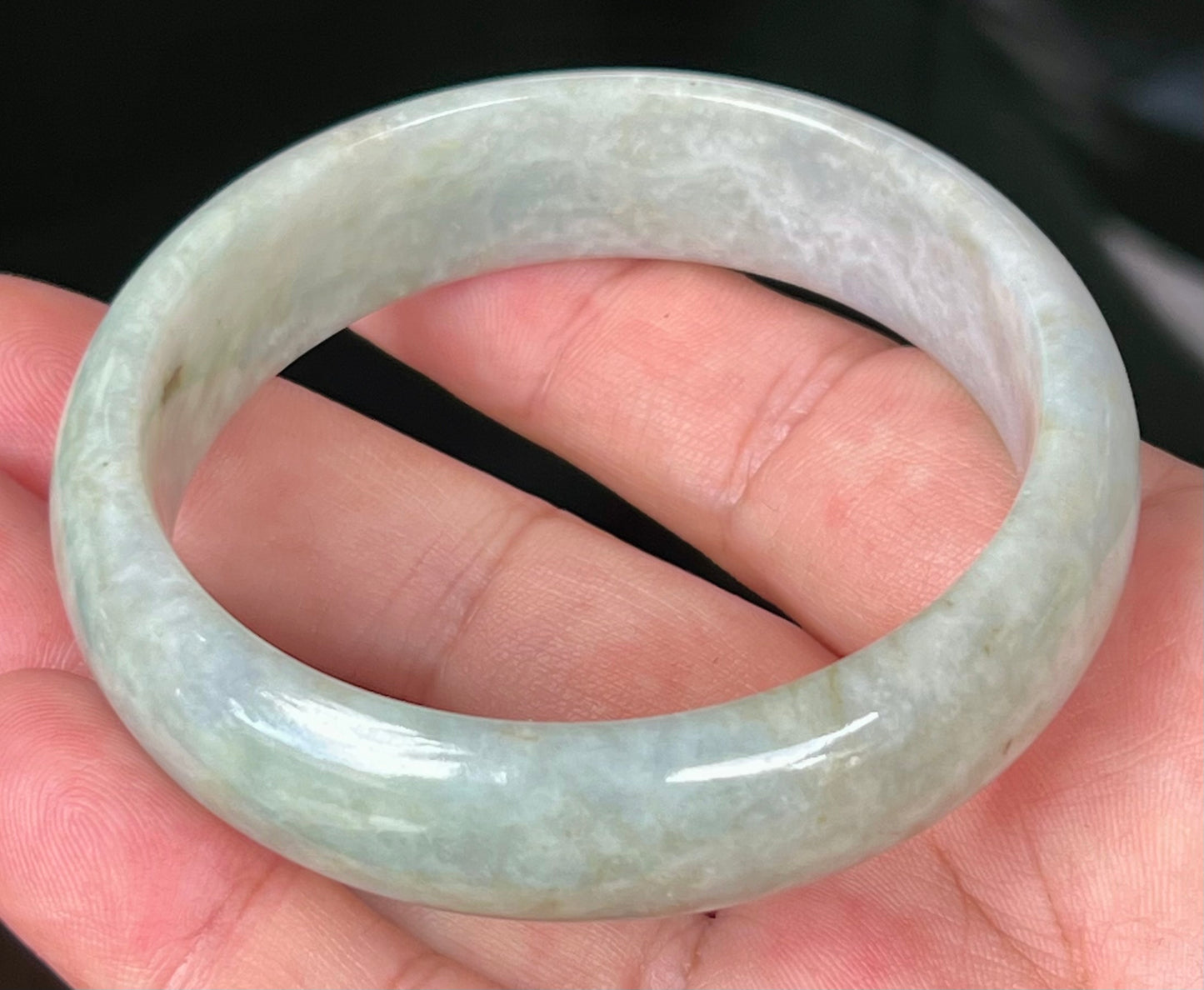 Natural Certified Burmese Jadeite Jade Bangle – Icy Apple Green with Milky White and Greyish Hues – 57.8mm – JB532