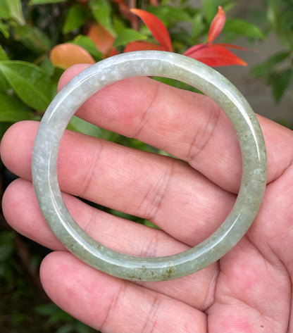 Natural Burmese Jadeite Jade Bangle – Icy Milky White & Greenish Milky White – Princess Cut – 53.1mm – JB754
