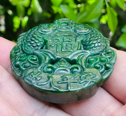 Natural Certified Rare Burmese Jadeite Jade Pendant – Deep Imperial Green – Hand-Carved Twin Fish Motif – JP065