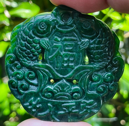 Natural Certified Rare Burmese Jadeite Jade Pendant – Deep Imperial Green – Hand-Carved Twin Fish Motif – JP065