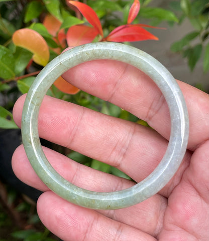 Natural Burmese Jadeite Jade Bangle – Icy Milky White & Greenish Milky White – Princess Cut – 53.1mm – JB754