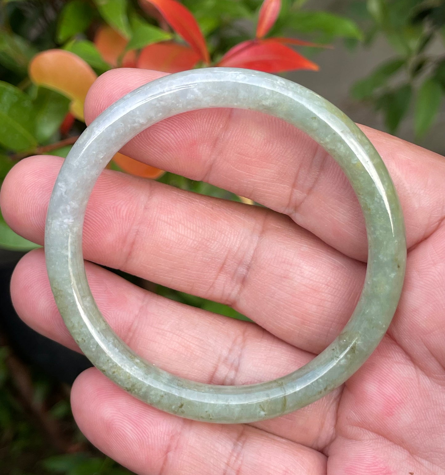 Natural Burmese Jadeite Jade Bangle – Icy Milky White & Greenish Milky White – Princess Cut – 53.1mm – JB754