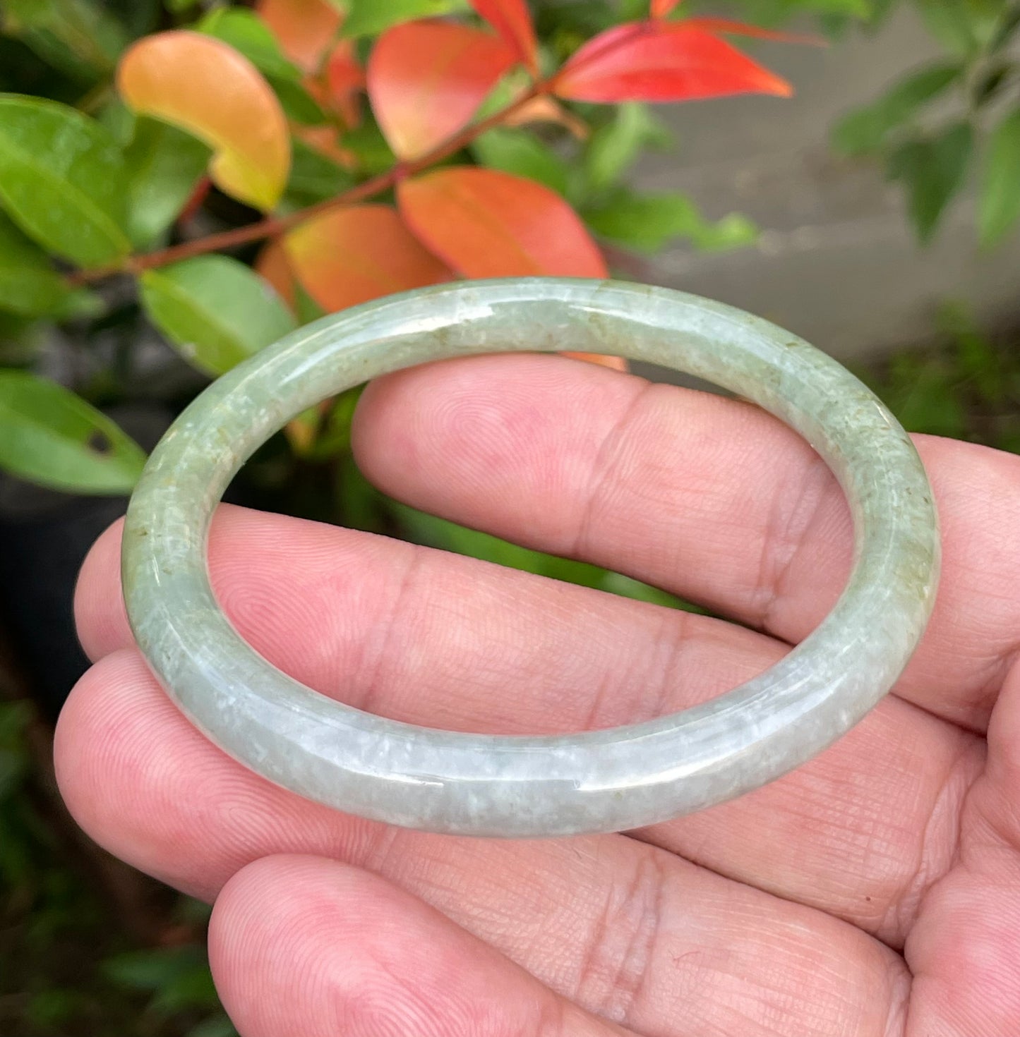 Natural Burmese Jadeite Jade Bangle – Icy Milky White & Greenish Milky White – Princess Cut – 53.1mm – JB754
