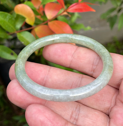 Natural Burmese Jadeite Jade Bangle – Icy Milky White & Greenish Milky White – Princess Cut – 53.1mm – JB754