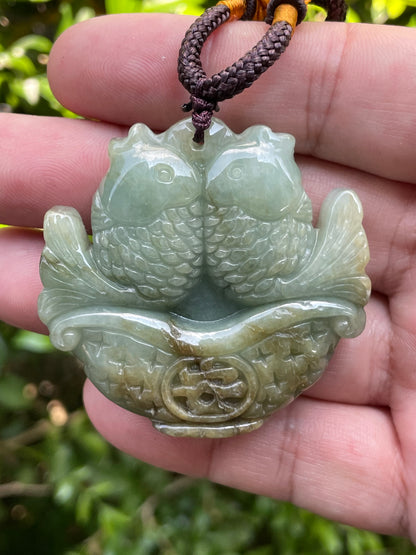 Natural Certified Burmese Jadeite Jade Pendant – Bluish Moss Green – Hand-Carved Twin Fish Motif – Necklace Included – JP037