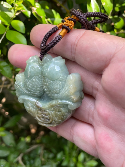 Natural Certified Burmese Jadeite Jade Pendant – Bluish Moss Green – Hand-Carved Twin Fish Motif – Necklace Included – JP037