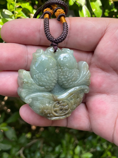 Natural Certified Burmese Jadeite Jade Pendant – Bluish Moss Green – Hand-Carved Twin Fish Motif – Necklace Included – JP037