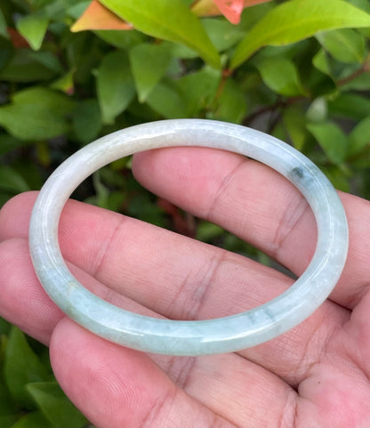 Natural Burmese Jadeite Jade Bangle – Icy Milky White with Bluish Green & Yellow – Princess Cut – 54.7mm – JB753