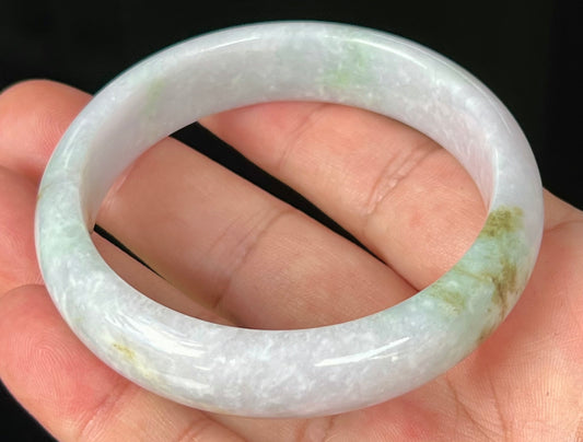 Natural Burmese Jadeite Jade Bangle – Icy Greyish Milky White with Apple Green and Honey Hues – 58.2mm – JB534