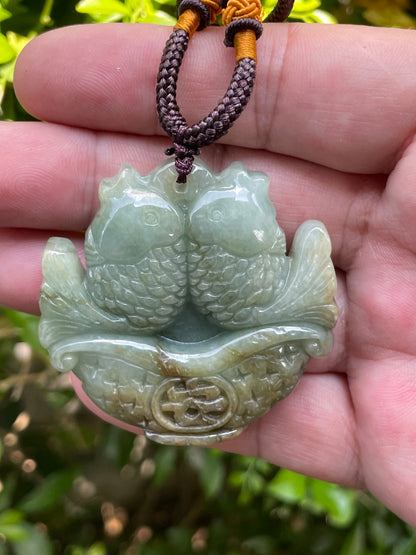 Natural Certified Burmese Jadeite Jade Pendant – Bluish Moss Green – Hand-Carved Twin Fish Motif – Necklace Included – JP037