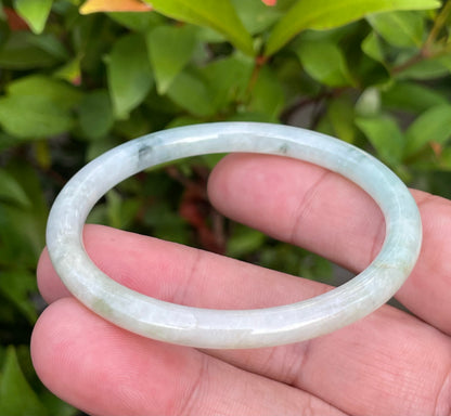 Natural Burmese Jadeite Jade Bangle – Icy Milky White with Bluish Green & Yellow – Princess Cut – 54.7mm – JB753