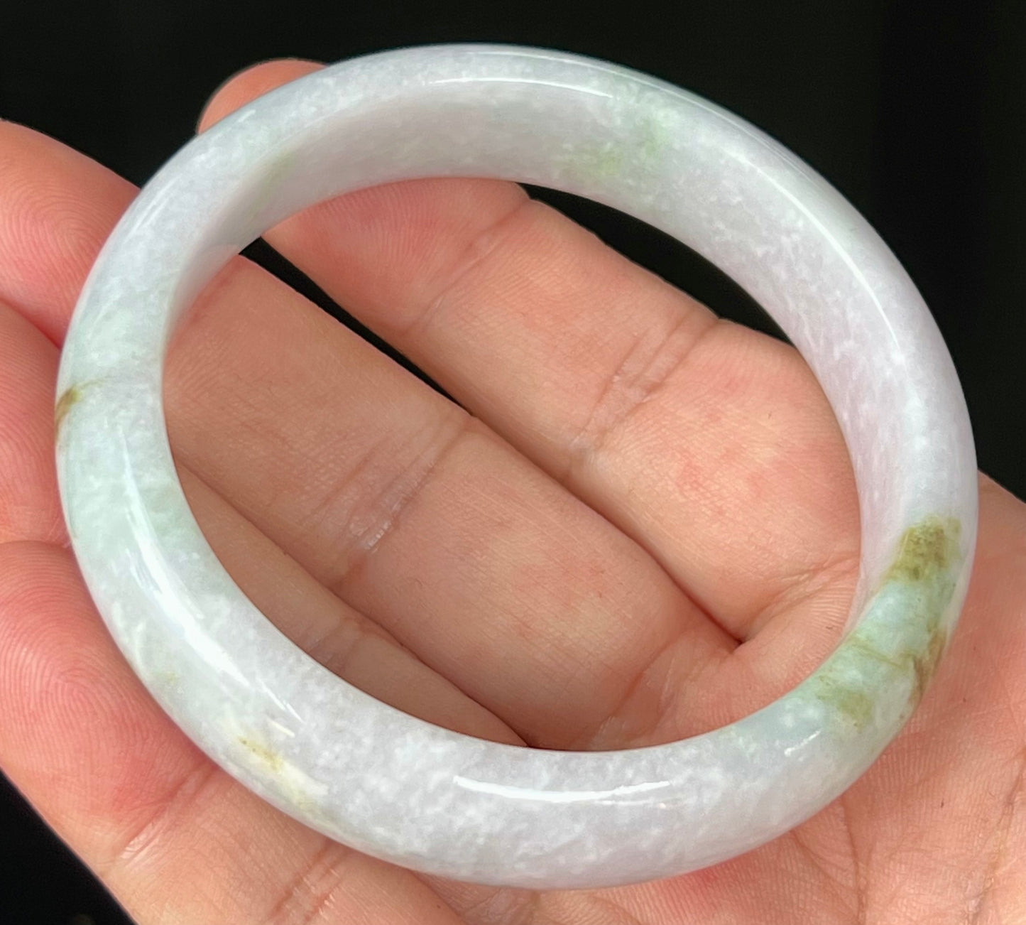 Natural Burmese Jadeite Jade Bangle – Icy Greyish Milky White with Apple Green and Honey Hues – 58.2mm – JB534