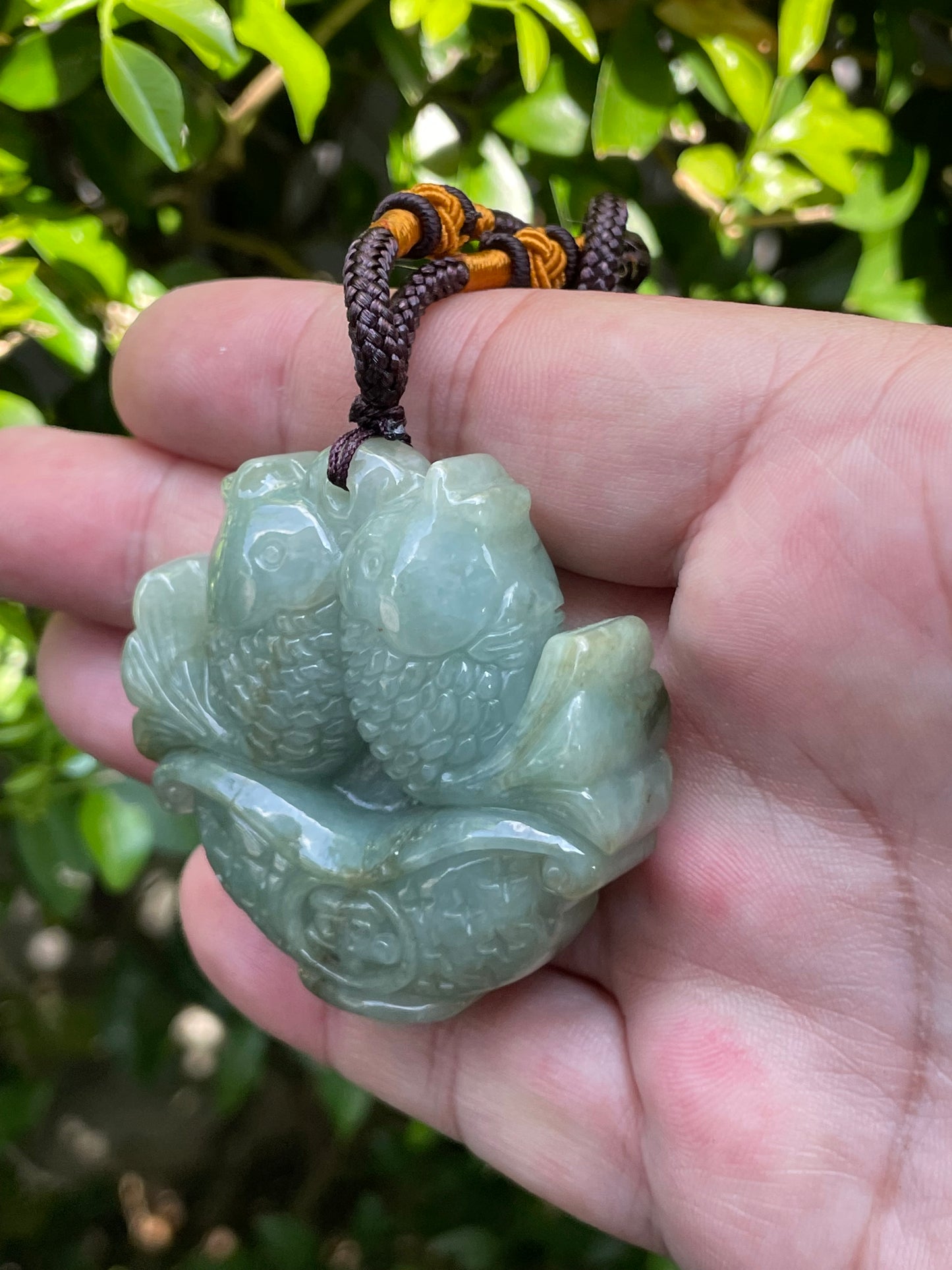 Natural Certified Burmese Jadeite Jade Pendant – Bluish Moss Green – Hand-Carved Twin Fish Motif – Necklace Included – JP037