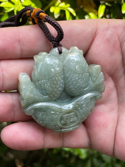 Natural Grade A Certified Burmese Jadeite Jade Pendant – Bluish Moss Green – Hand-Carved Twin Fish Motif – Necklace Included – JP037