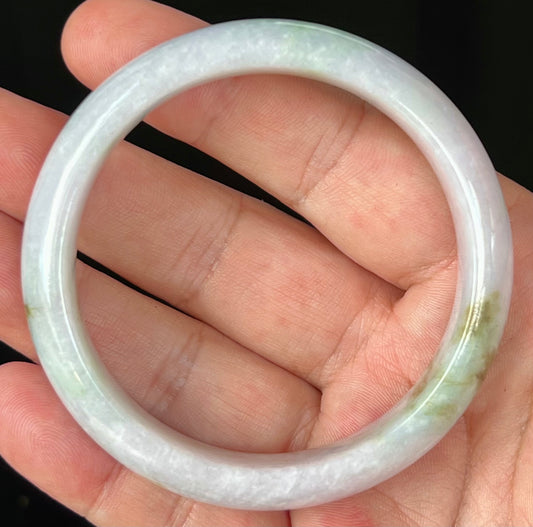 Natural Grade A Burmese Jadeite Jade Bangle – Icy Greyish Milky White with Apple Green and Honey Hues – 58.2mm – JB534
