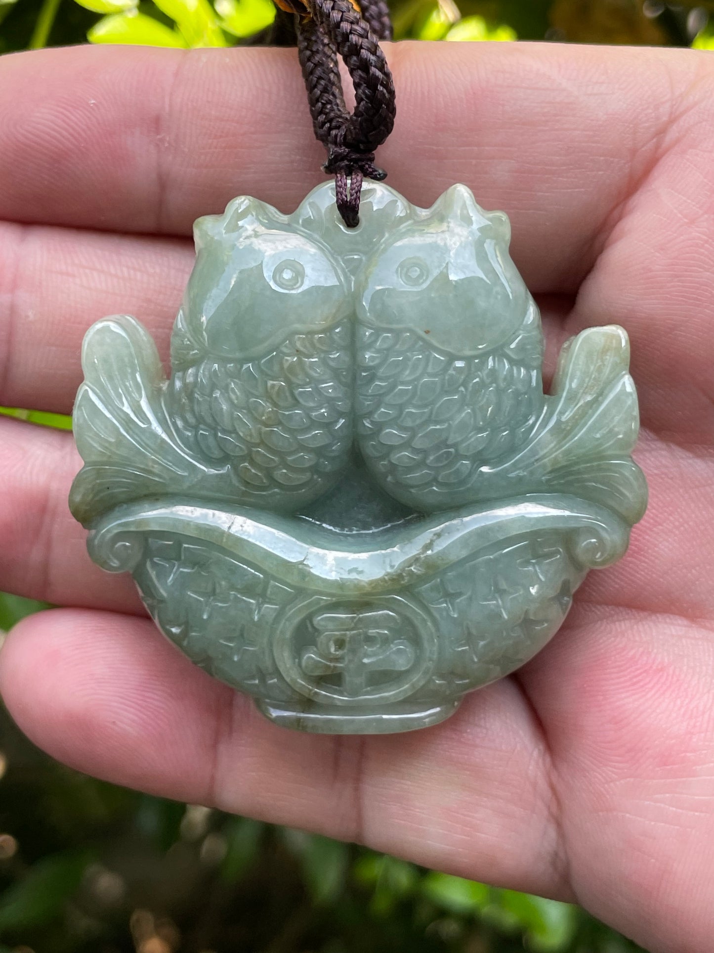 Natural Certified Burmese Jadeite Jade Pendant – Bluish Moss Green – Hand-Carved Twin Fish Motif – Necklace Included – JP037