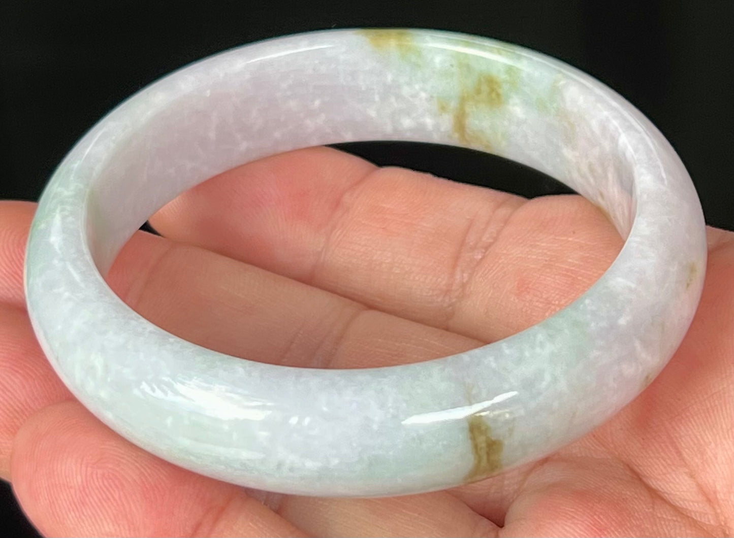 Natural Burmese Jadeite Jade Bangle – Icy Greyish Milky White with Apple Green and Honey Hues – 58.2mm – JB534