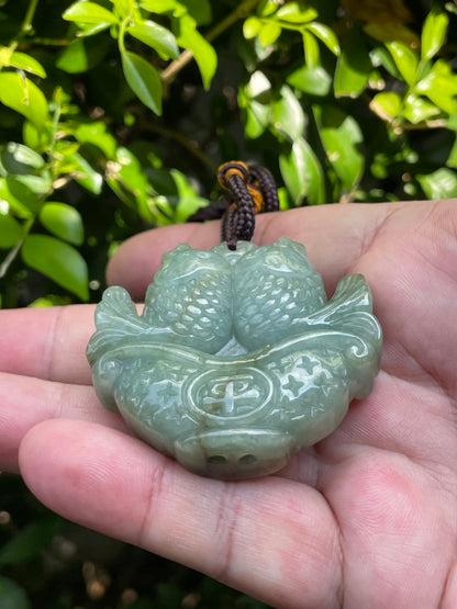 Natural Certified Burmese Jadeite Jade Pendant – Bluish Moss Green – Hand-Carved Twin Fish Motif – Necklace Included – JP037