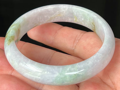 Natural Burmese Jadeite Jade Bangle – Icy Greyish Milky White with Apple Green and Honey Hues – 58.2mm – JB534