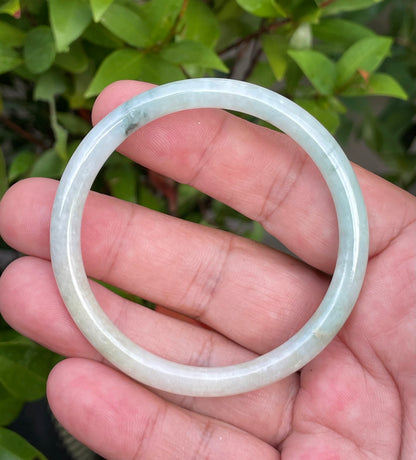 Natural Burmese Jadeite Jade Bangle – Icy Milky White with Bluish Green & Yellow – Princess Cut – 54.7mm – JB753