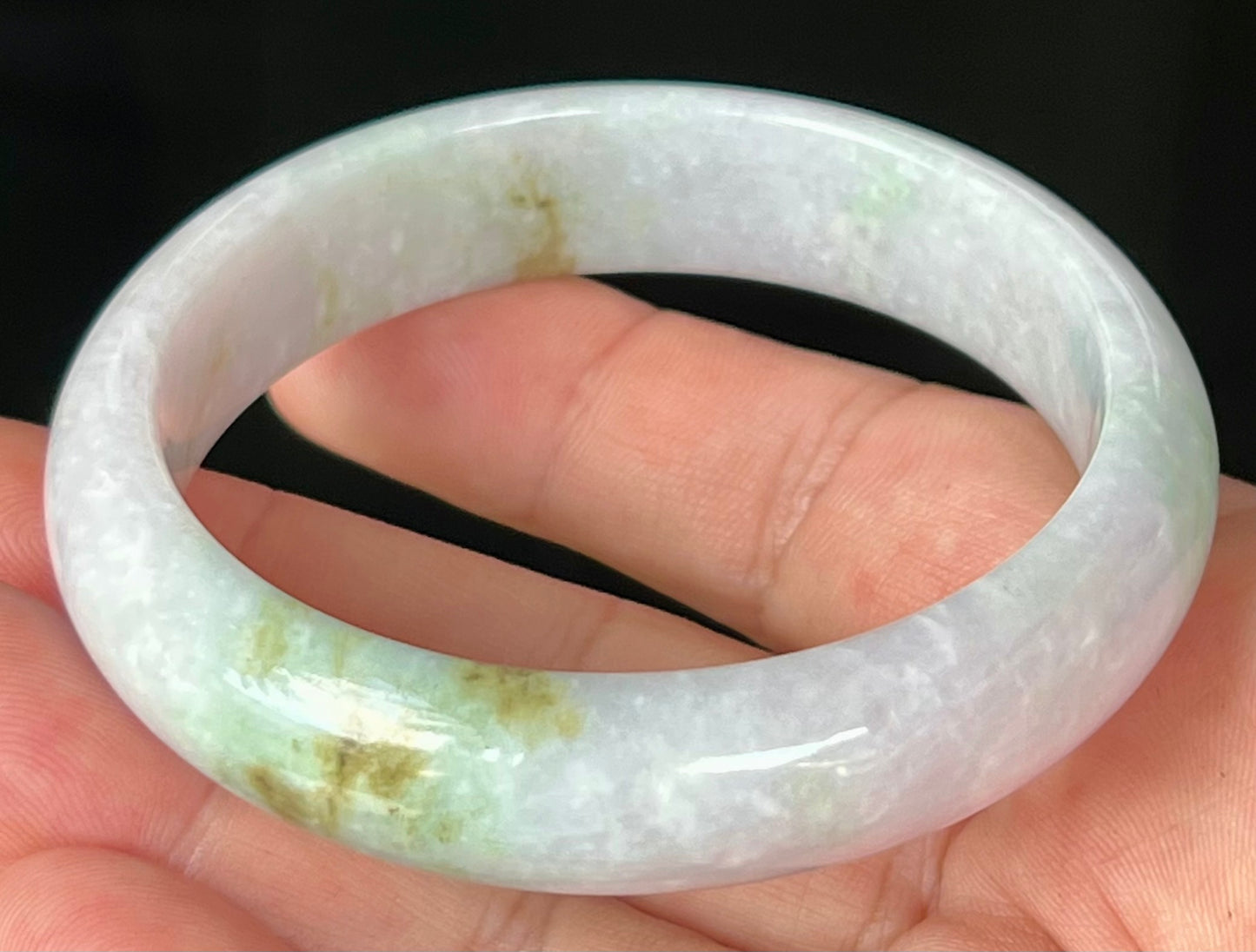 Natural Burmese Jadeite Jade Bangle – Icy Greyish Milky White with Apple Green and Honey Hues – 58.2mm – JB534