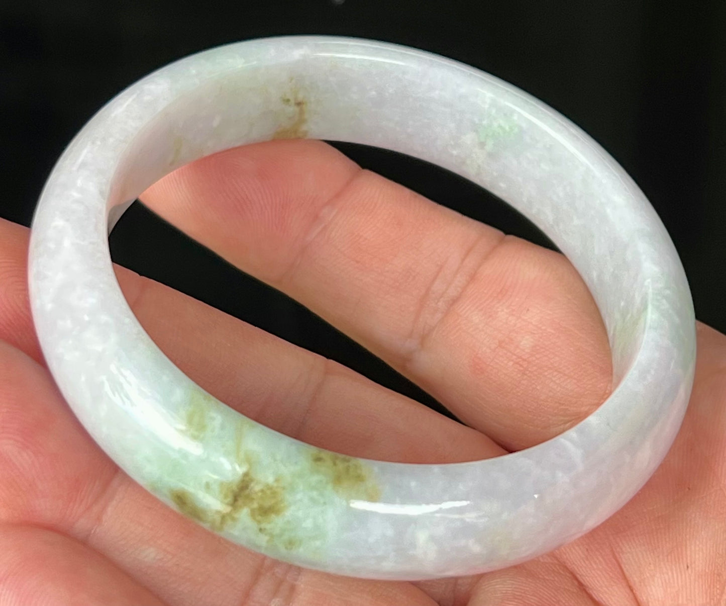 Natural Burmese Jadeite Jade Bangle – Icy Greyish Milky White with Apple Green and Honey Hues – 58.2mm – JB534