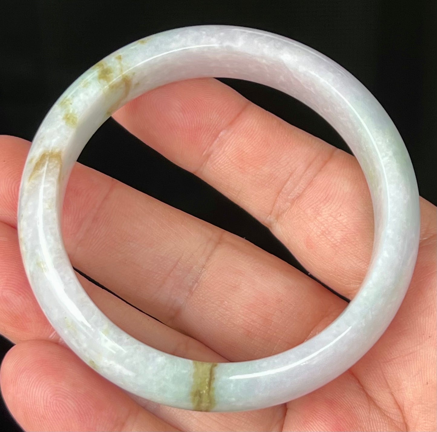 Natural Burmese Jadeite Jade Bangle – Icy Greyish Milky White with Apple Green and Honey Hues – 58.2mm – JB534