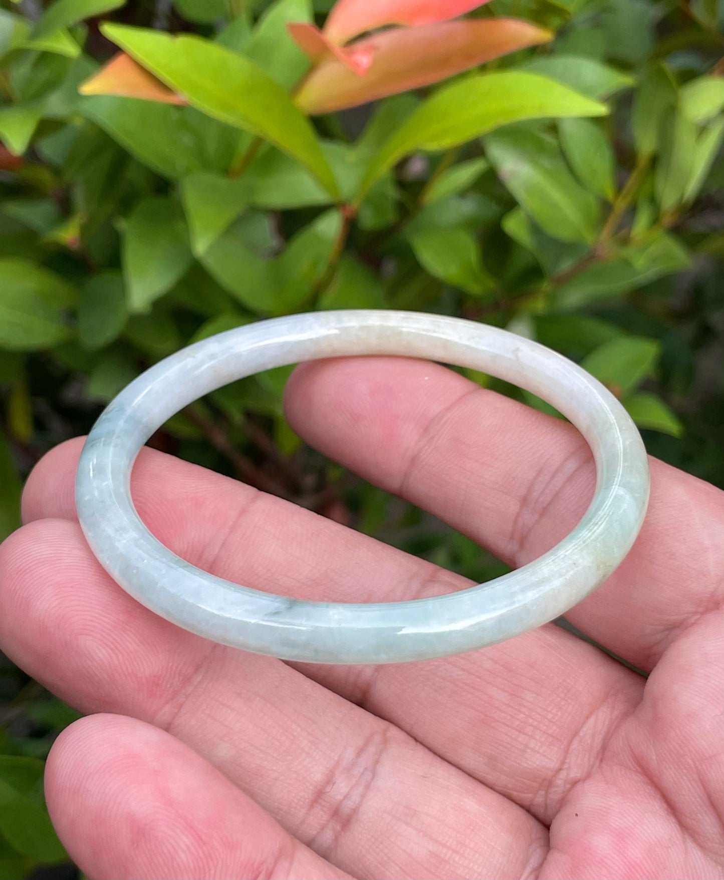 Natural Burmese Jadeite Jade Bangle – Icy Milky White with Bluish Green & Yellow – Princess Cut – 54.7mm – JB753